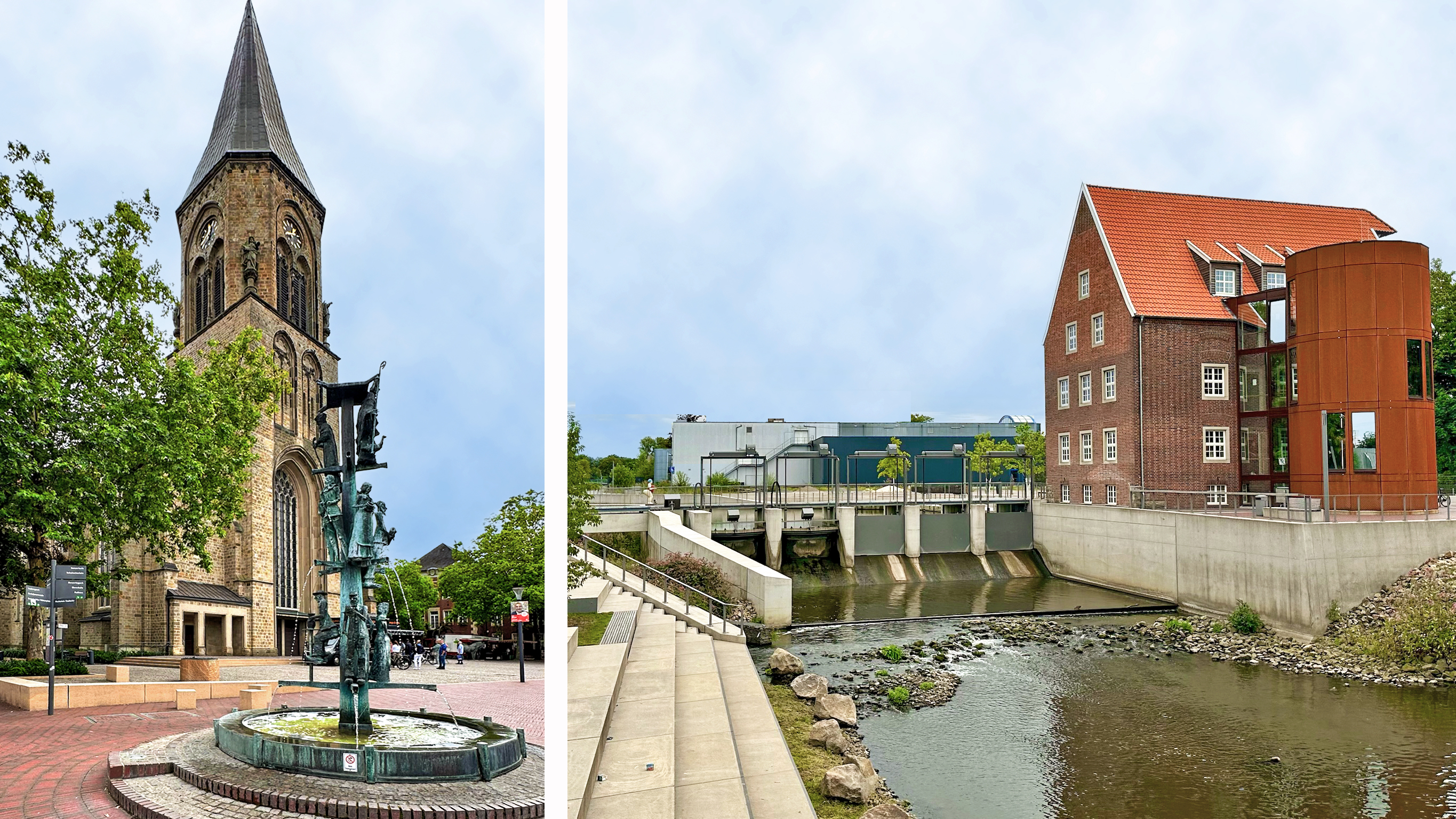 Zweigeteiltes Bild mit einer Ansicht vom Marktplatz und der Berkelmühle an der neuen Wehranlage