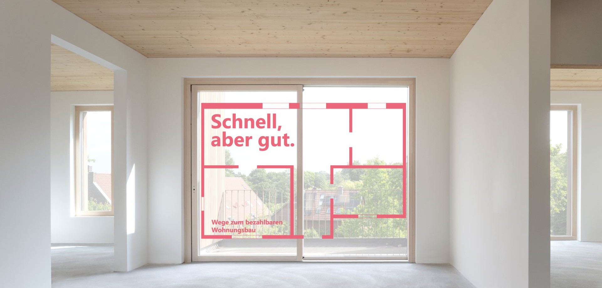 Blick aus einer Wohnung im Rohbau, mit dem Veranstaltungslogo.