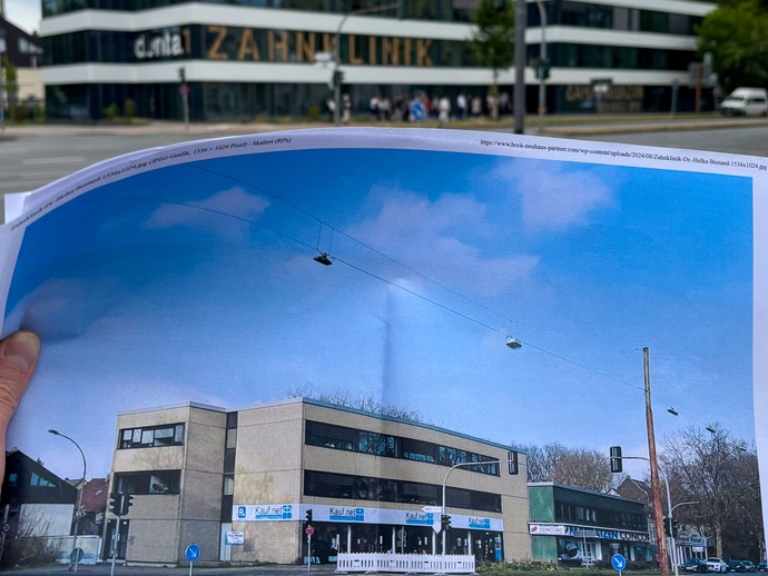 Umbau eines 70er/80er-Geschäftshauses im Vorher-Nachher-Vergleich mit einem Bild aus der Vergangenheit (vergrößerte Bildansicht wird geöffnet)