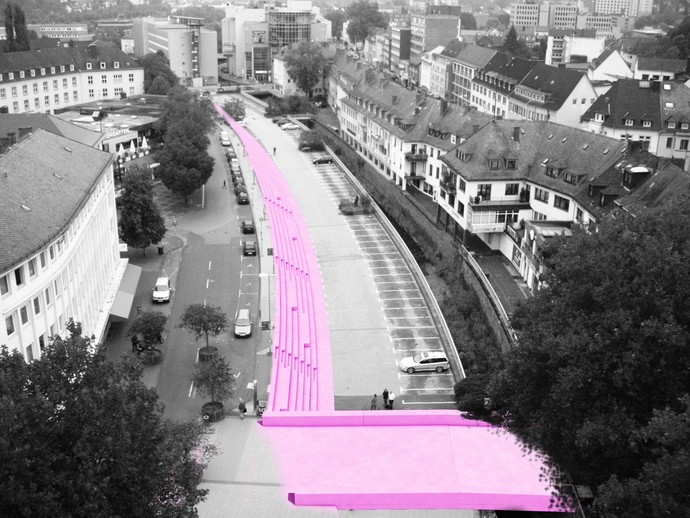 Fotomontage mit der ehemaligen Betonplatte über der Sieg und der jetzigen Treppenskulptur (vergrößerte Bildansicht wird geöffnet)