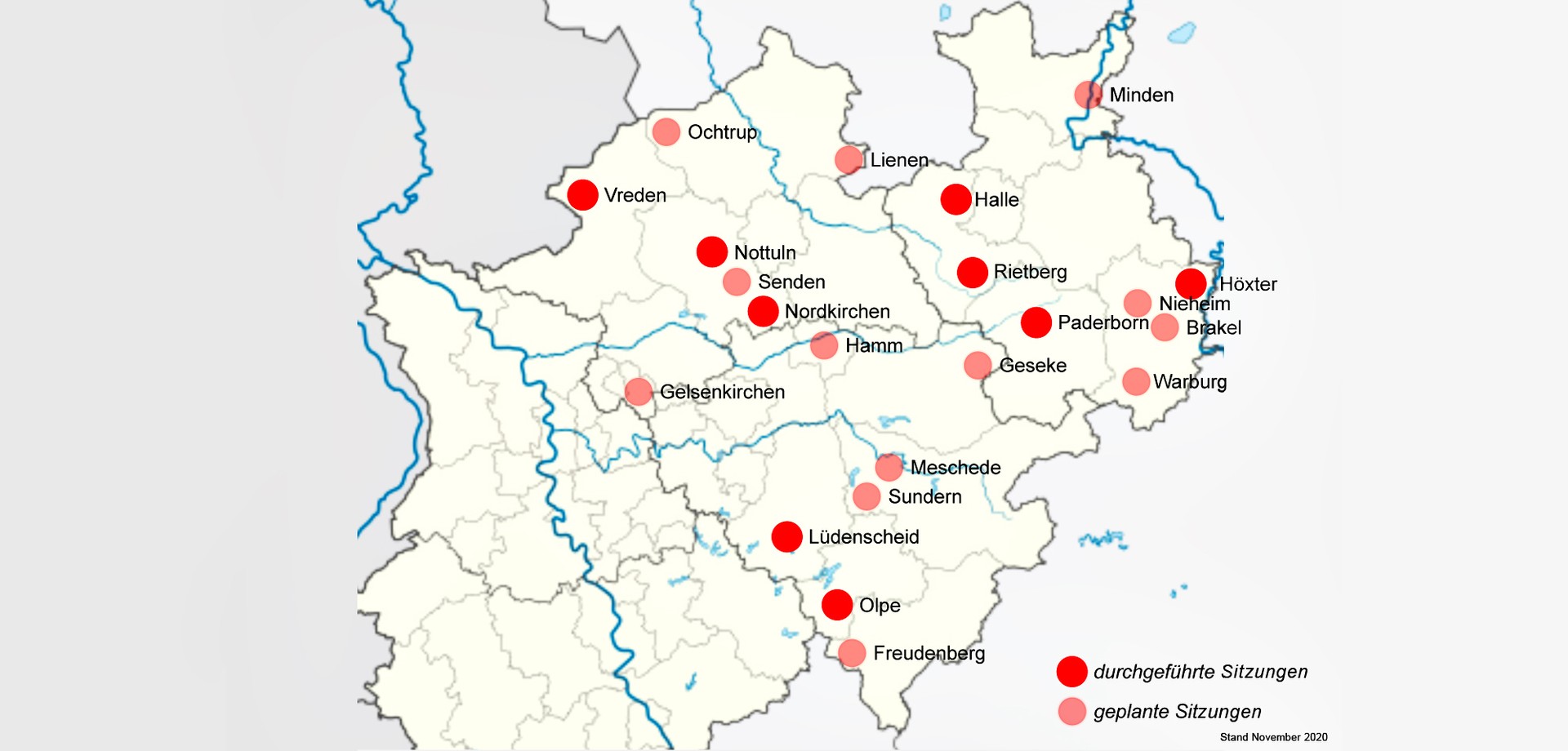 Kartenausschnitt von Westfalen-Lippe mit Markierungen der Ort wo der Mobile Baukulturbeirat schon zum Einsatz kam und kommen wird