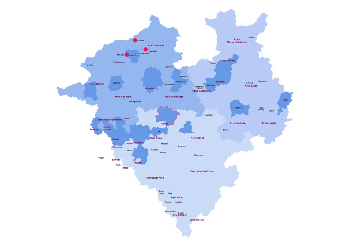 Karte von Westfalen-Lippe mit den Orten der Exkursionen